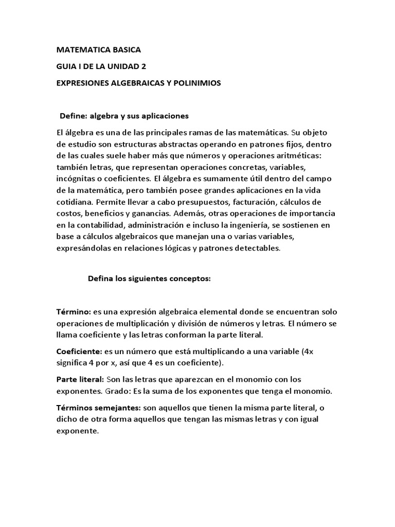 Guía de Álgebra: Expresiones y Polinomios | PDF | Multiplicación ...