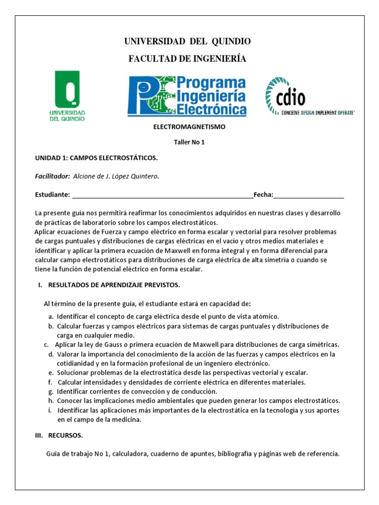 Taller No 1. Electromagnetismo | PDF | Electrostática | Electromagnetismo