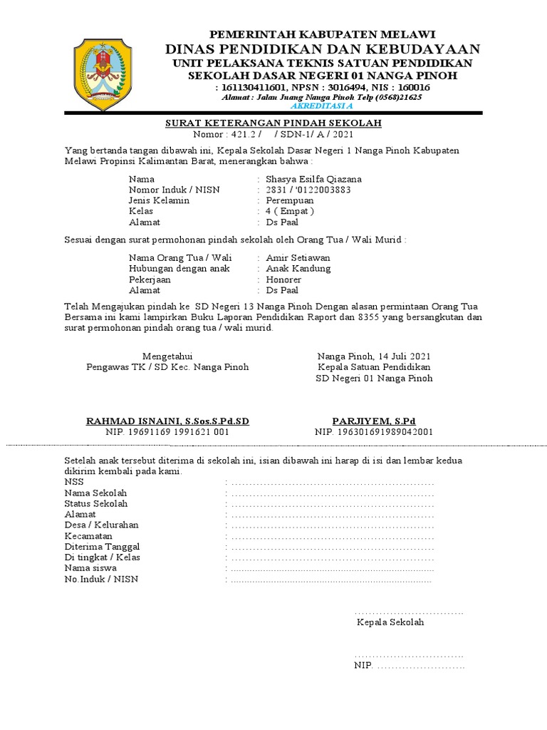 Surat Pindah Sekolah SD Nanga Pinoh | PDF