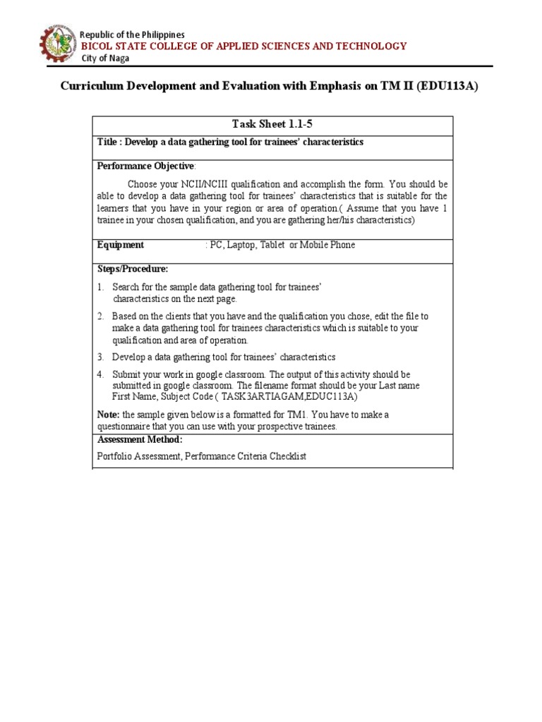 TASK SHEET 3 Develop A Data Gathering Tool For Trainees ...
