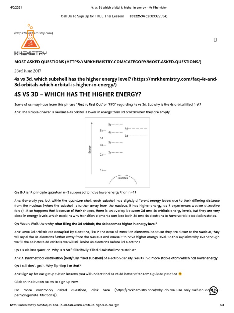 4s Vs 3d Which Orbital Is Higher in Energy - MR Khemistry | PDF ...