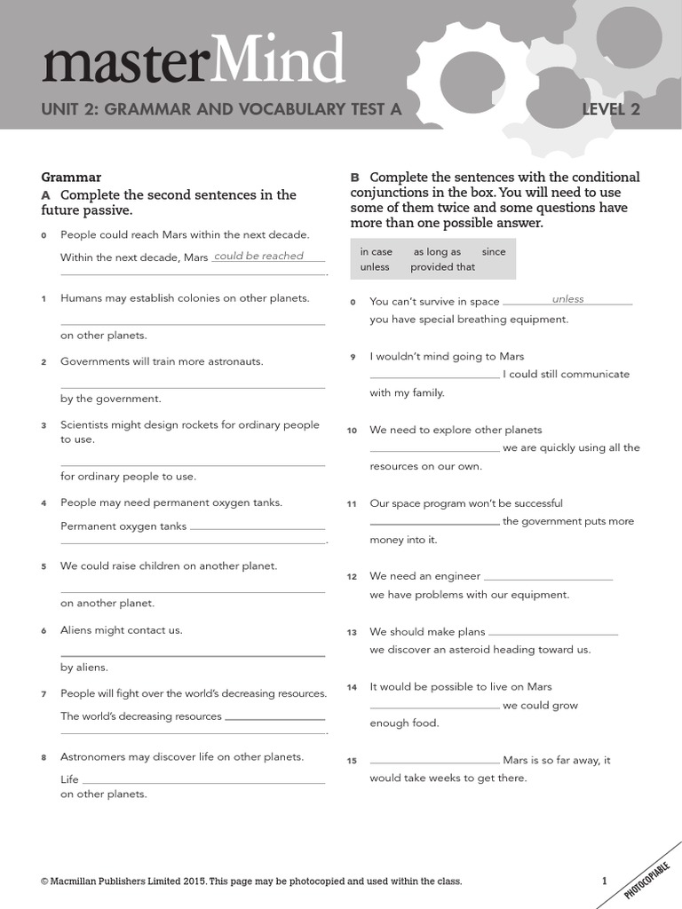 Mastermind 2 Unit 2 Grammar and Vocabulary Test A | PDF ...