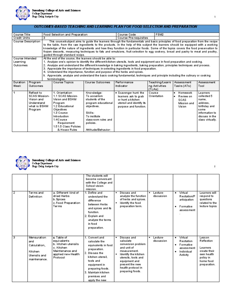 Food Selection and Preparation Syllabus | PDF | Cooking | Breads