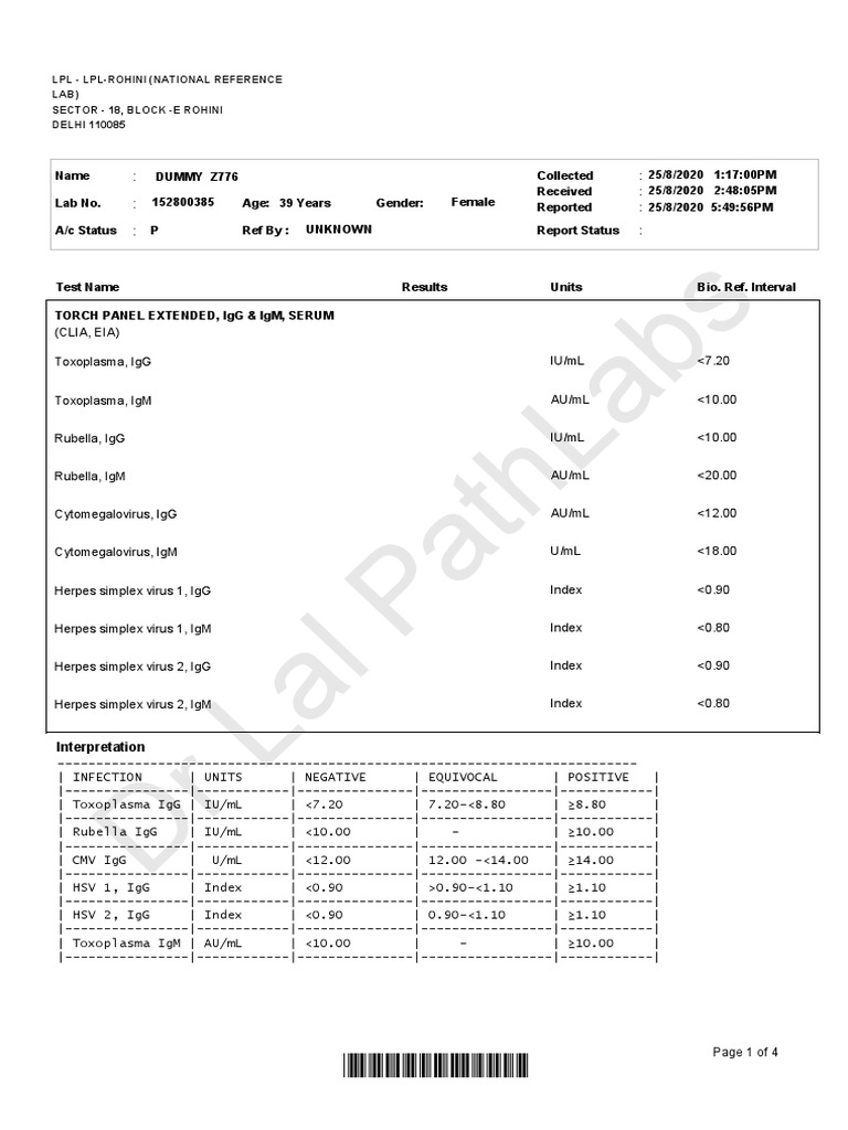 TORCH Panel Test Report Summary | PDF | Serology | Infection