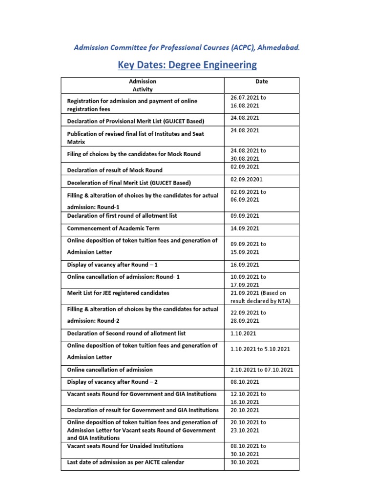Key Dates Degree Engineering Admission Committee For Professional