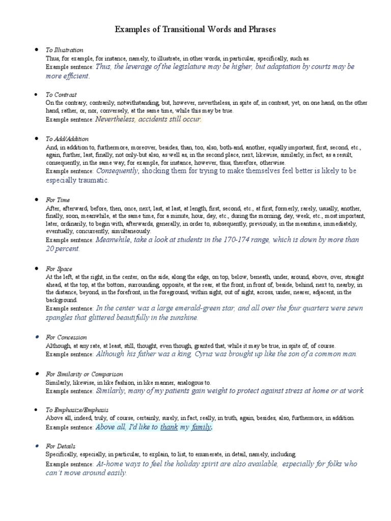 Examples of Transitional Words & Phrases | PDF | Cognition