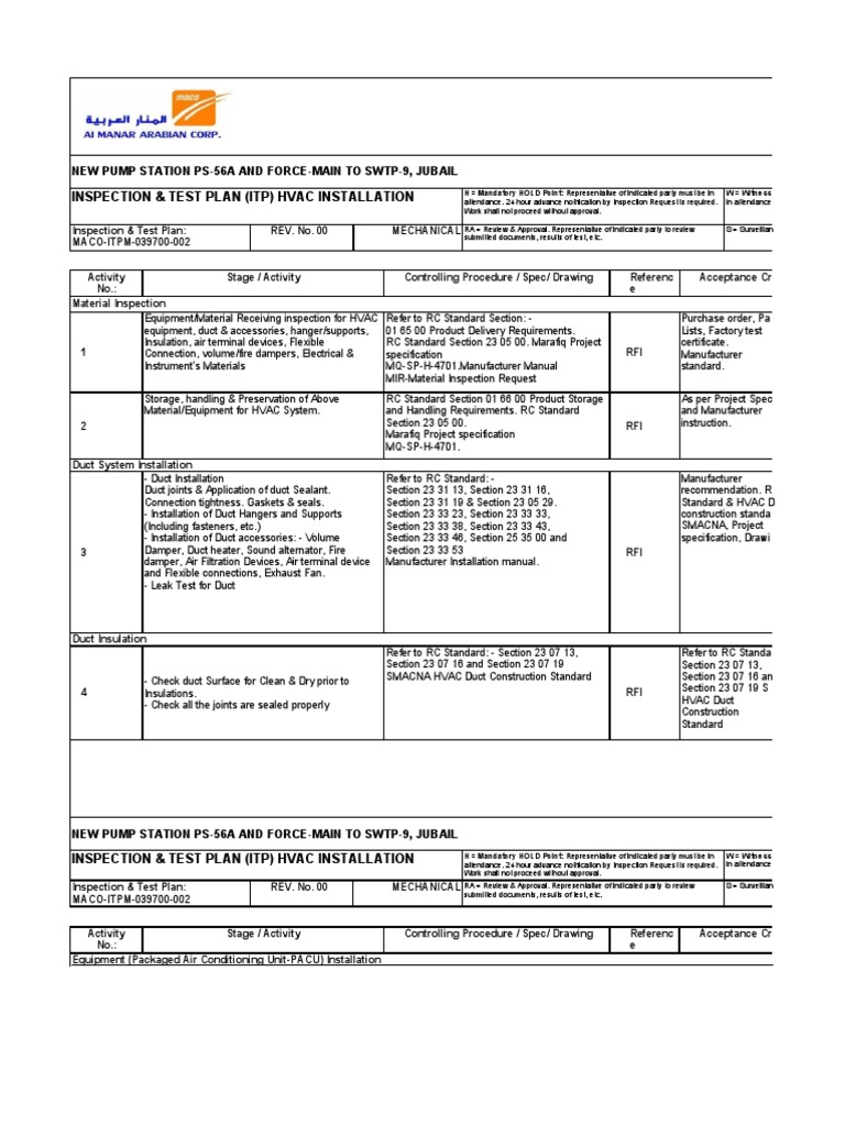 Inspection Amp Test Plan Itp Hvac Installation New Pump Station Ps 56a ...