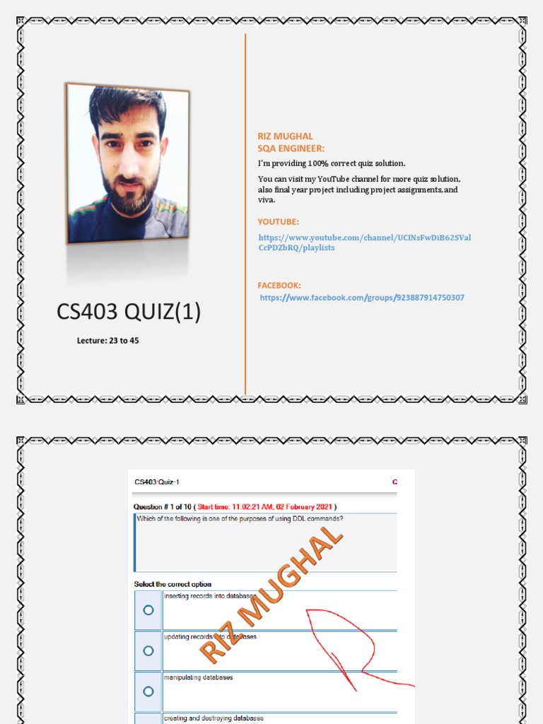 CS403 Quiz Solutions by Riz Mughal | PDF | Science & Mathematics
