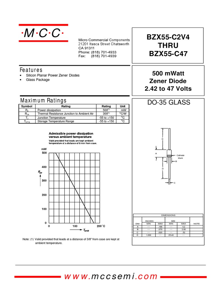 Mccsemi: BZX55-C2V4 Thru BZX55-C47 | PDF | Metrology | Electrical ...