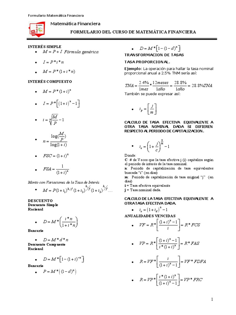 Formulario de Matemáticas Financieras | PDF | Finanzas Matemáticas ...