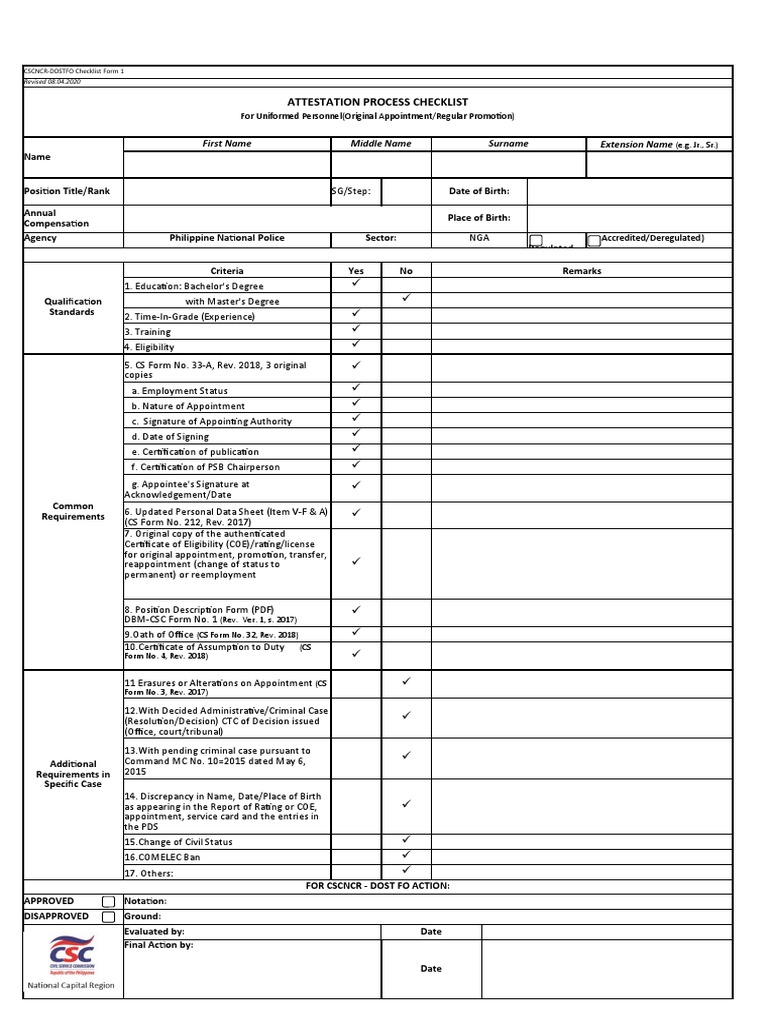 2020 PNCO CSC Checklist 3 Blank 1 | PDF | Academic Degree | Bachelor's ...