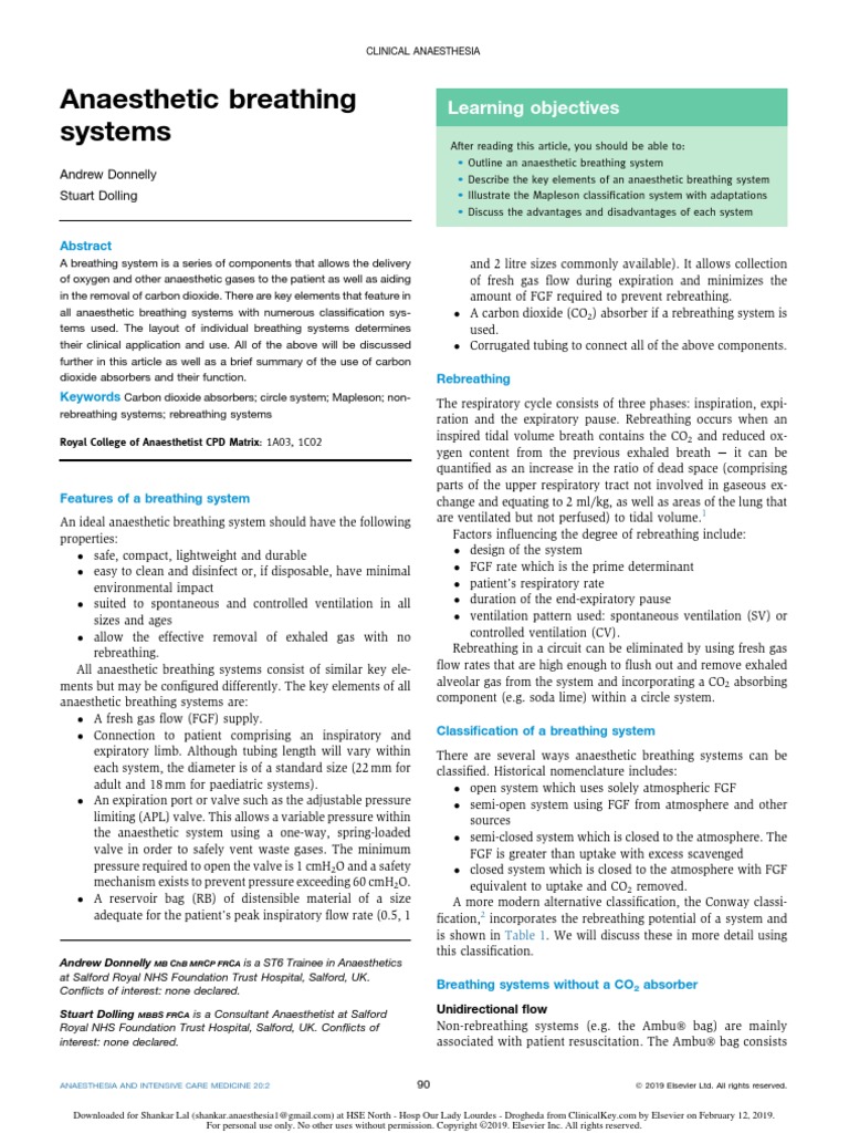 Anaesthetic Breathing Systems Learning Objectives PDF Breathing