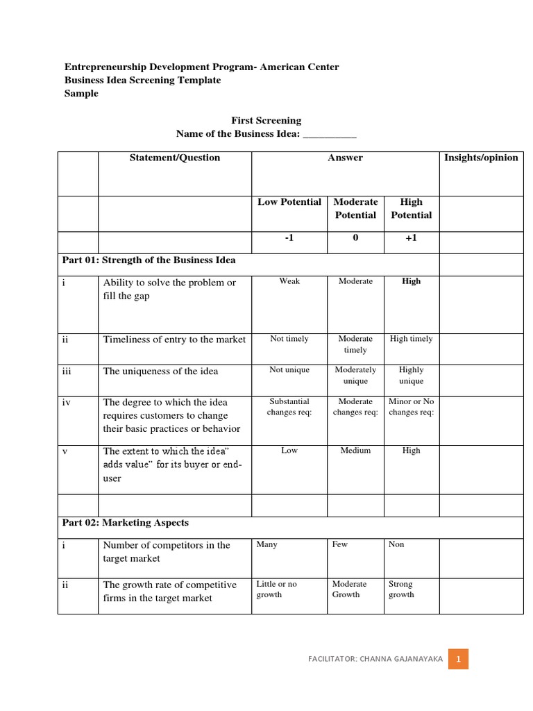 Business Idea Screening Template | PDF | Investing | Market (Economics)