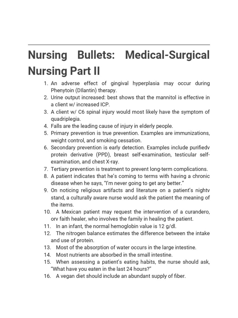 Medical Surgical Nursing 2 Bullets | PDF | Pain | Preventive Healthcare