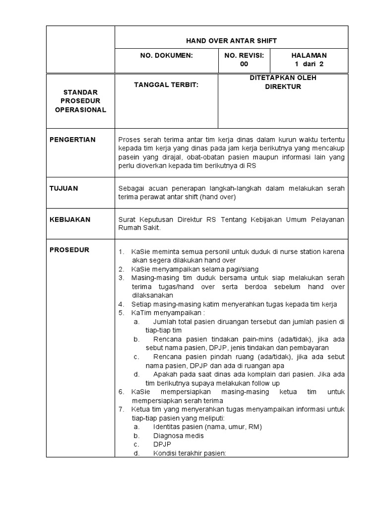 Prosedur Hand Over Perawat Antar Shift | PDF