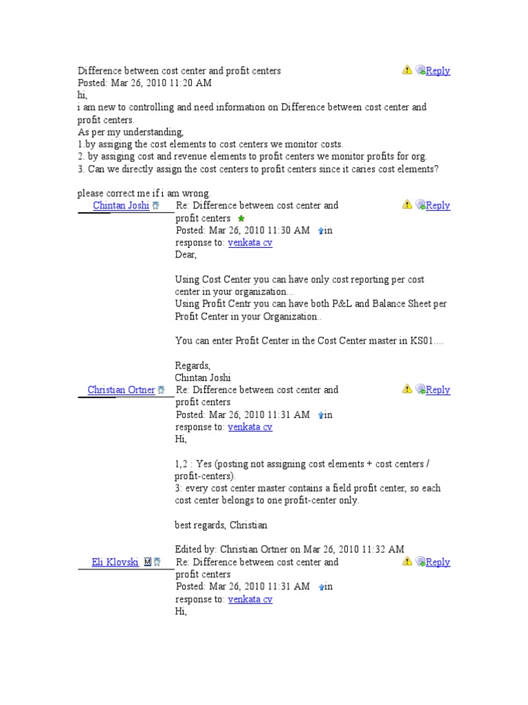 Difference Between Cost Center and Profit Centers PDF Valuation