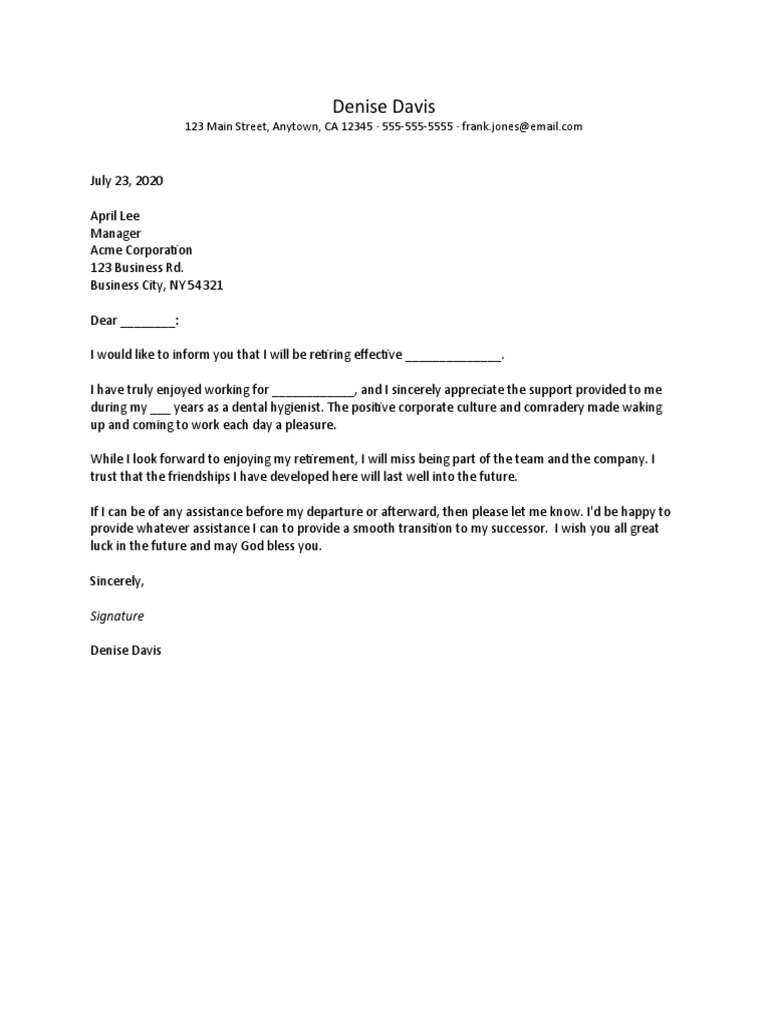 Sample Retirement Letter for Hygienist | PDF | Career & Growth