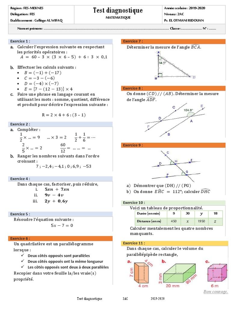 Test Diagnostique Mathématiques 2AC 2019-2020 | PDF | Mathématiques ...
