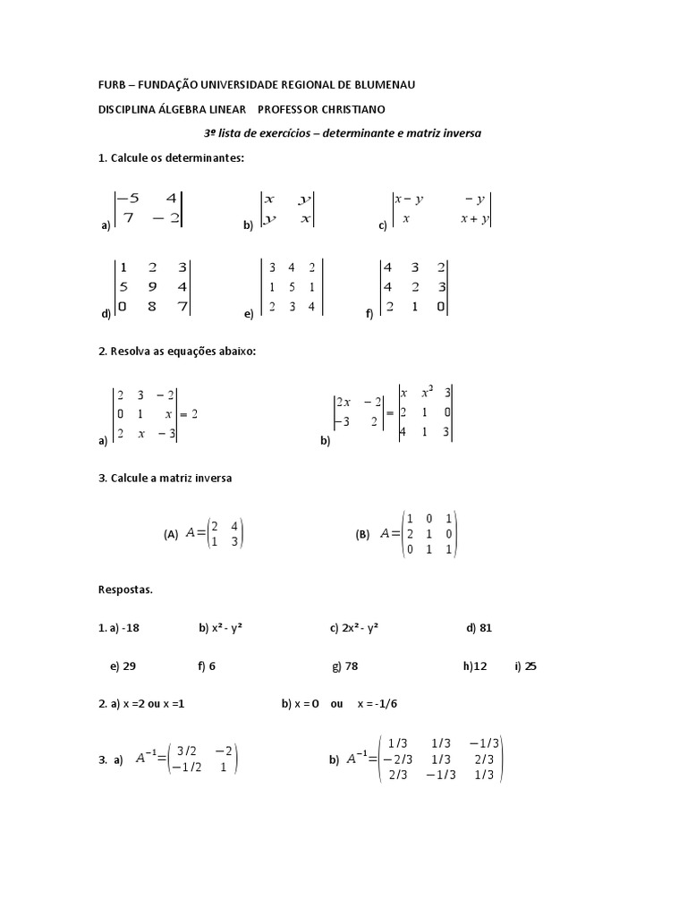 Exercícios de Matriz Inversa e Determinante | PDF | Análise numérica ...