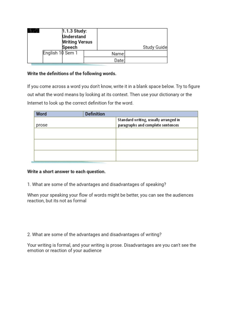 1.1.4 quiz understand writing versus speech