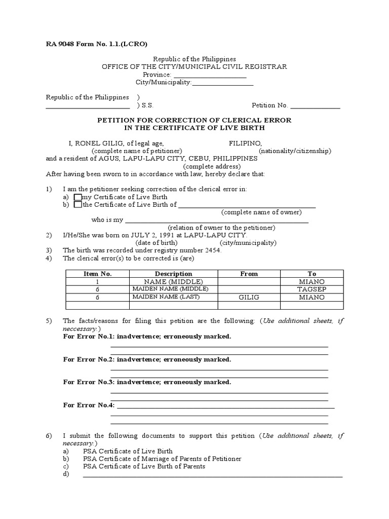 RA 9048 Form No. 1.1 for Corrections | PDF | Common Law | Public Law