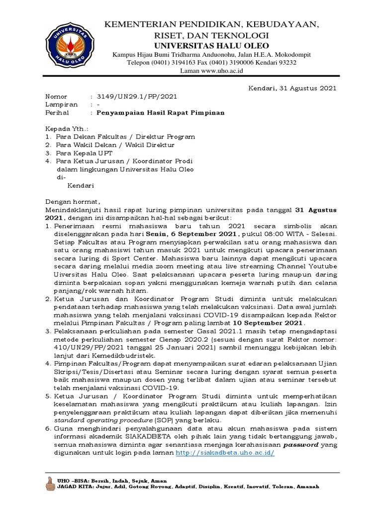 Surat Penyampaian Hasil Rapat Pimpinan 31 Agustus 2021 | PDF | Sains ...