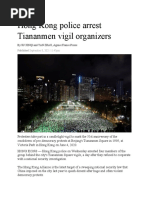Hong Kong Police Arrest Tiananmen Vigil Organizers: by SU XINQI and YAN ZHAO, Agence France-Presse