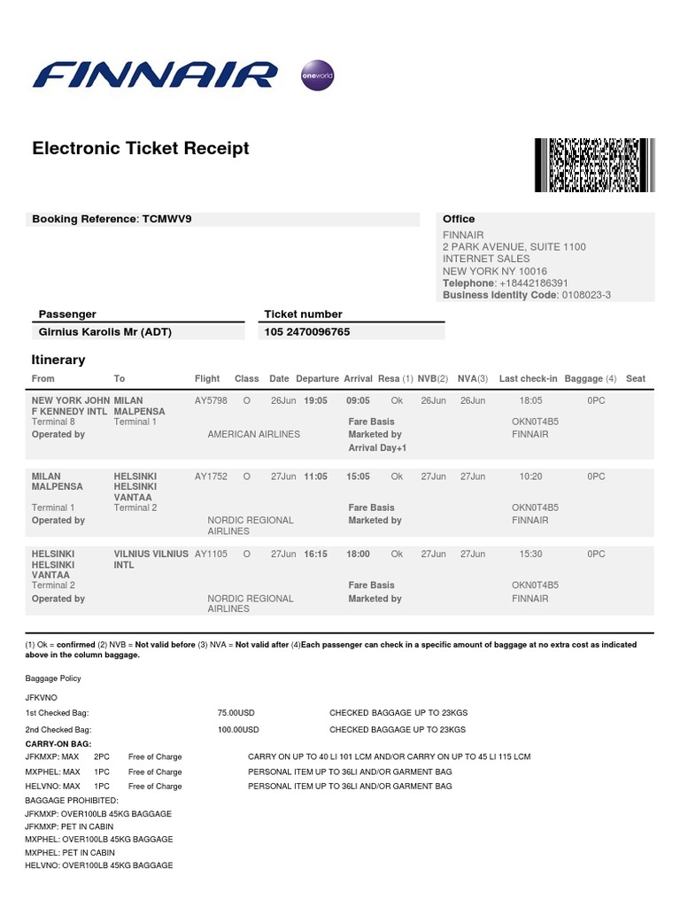 Electronic Ticket Receipt: Itinerary | PDF | Baggage | Aviation