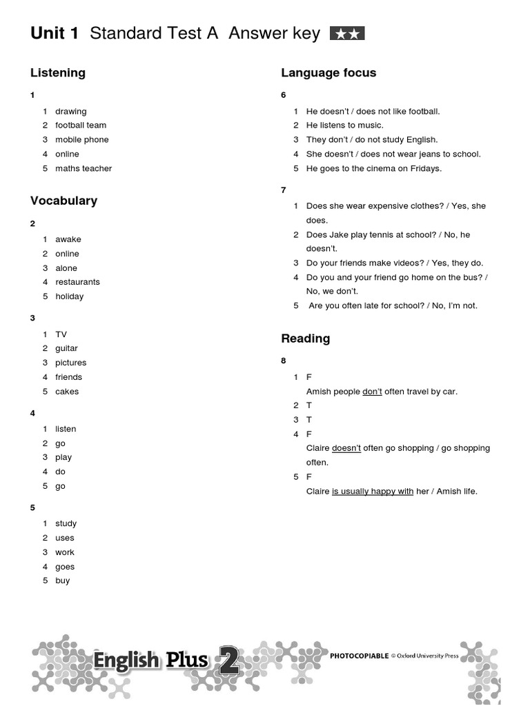Unit 1 Standard Test A Answer Key | PDF