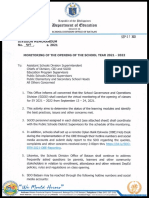 MONITORING OF THE OPENING OF SY 2021-2022 Division - Memorandum - No. - 407 - S. - 2021