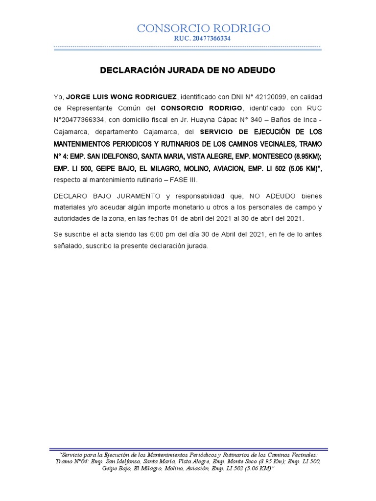 Declaración Jurada de No Adeudo | PDF