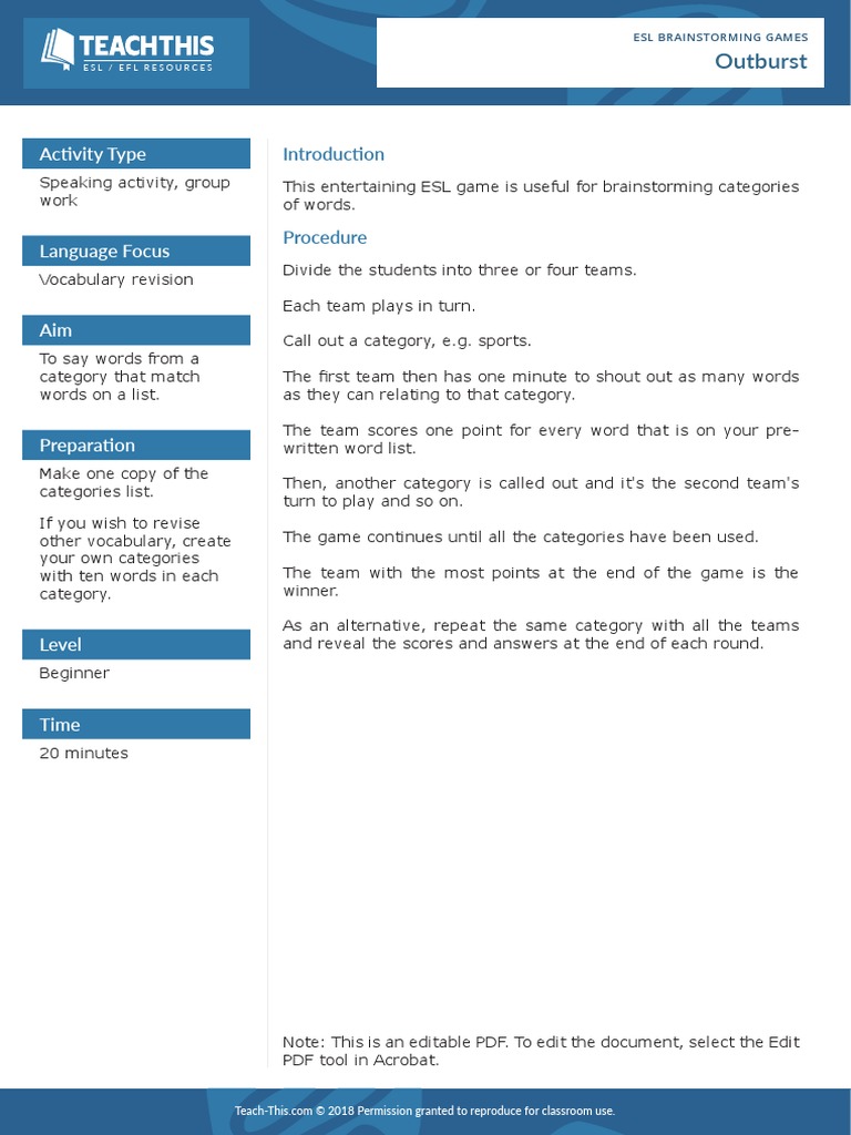 Outburst: Activity Type | Descargar gratis PDF | English As A Second Or ...