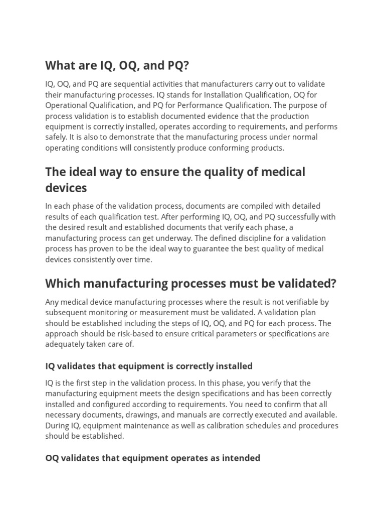 IQ, OQ, PQ in Medical Device Validation | PDF | Verification And ...