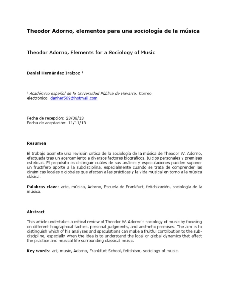 Theodor Adorno, Elementos para Una Sociología de La Música PDF