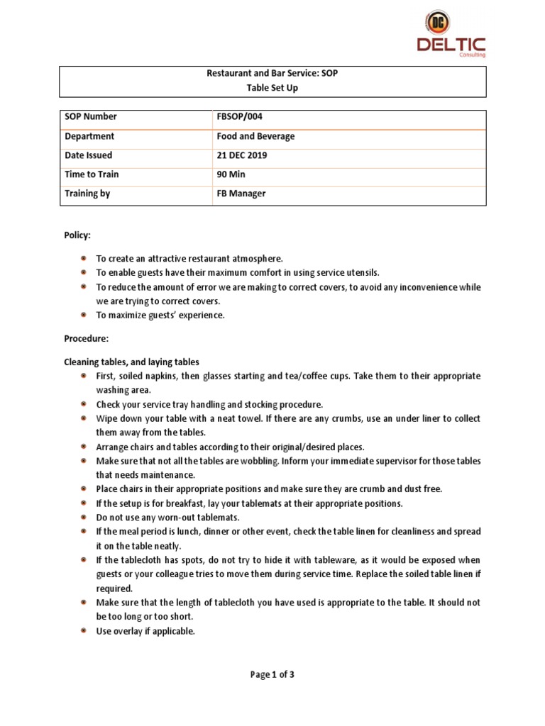 F&B Table Setup SOP for Hotels | PDF | Tableware | Food And Drink