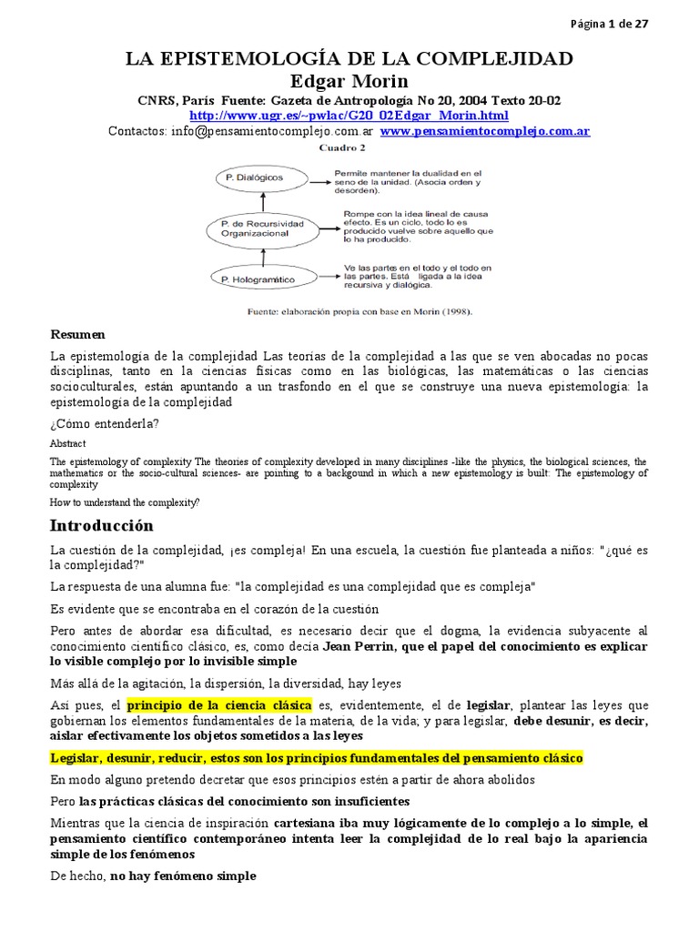 1 MORIN Edgar LA EPISTEMOLOGÍA DE LA COMPLEJIDAD | PDF | Lógica ...