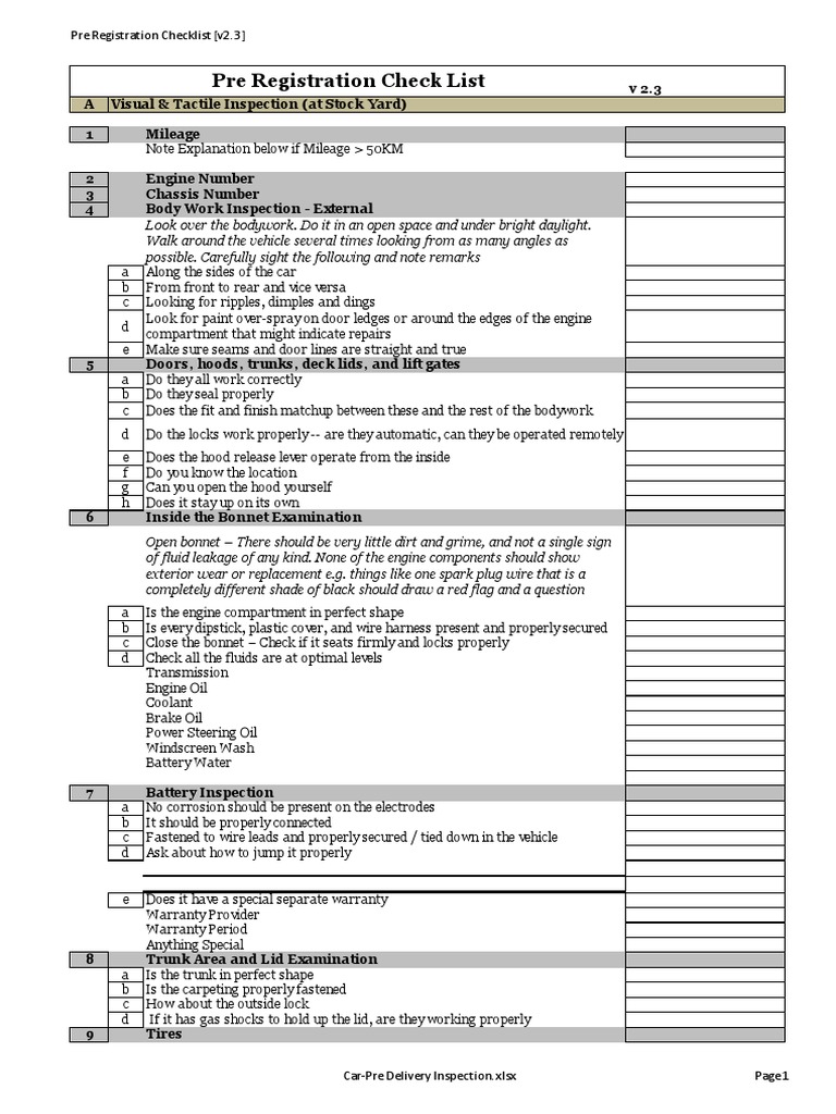 Pre-Delivery Vehicle Inspection Checklist | PDF | Vehicle Parts | Car