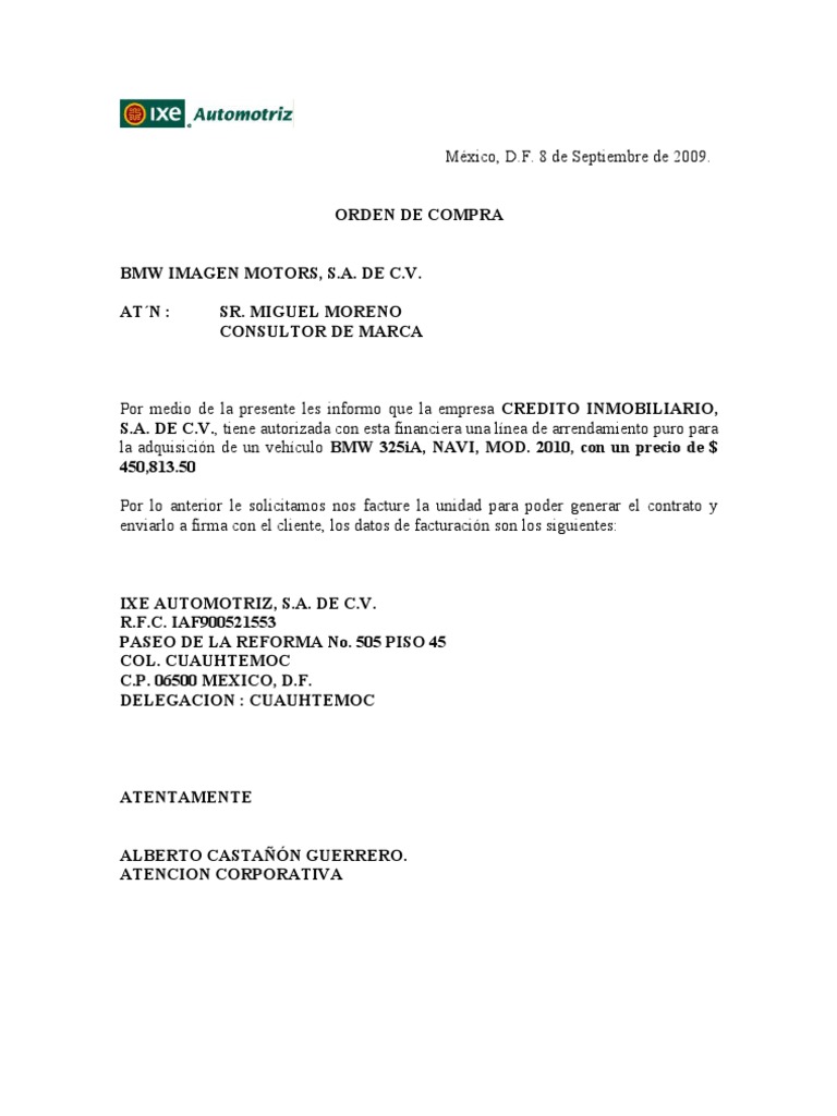 CARTA AUTORIZACIÓN Y ORDEN DE COMPRA