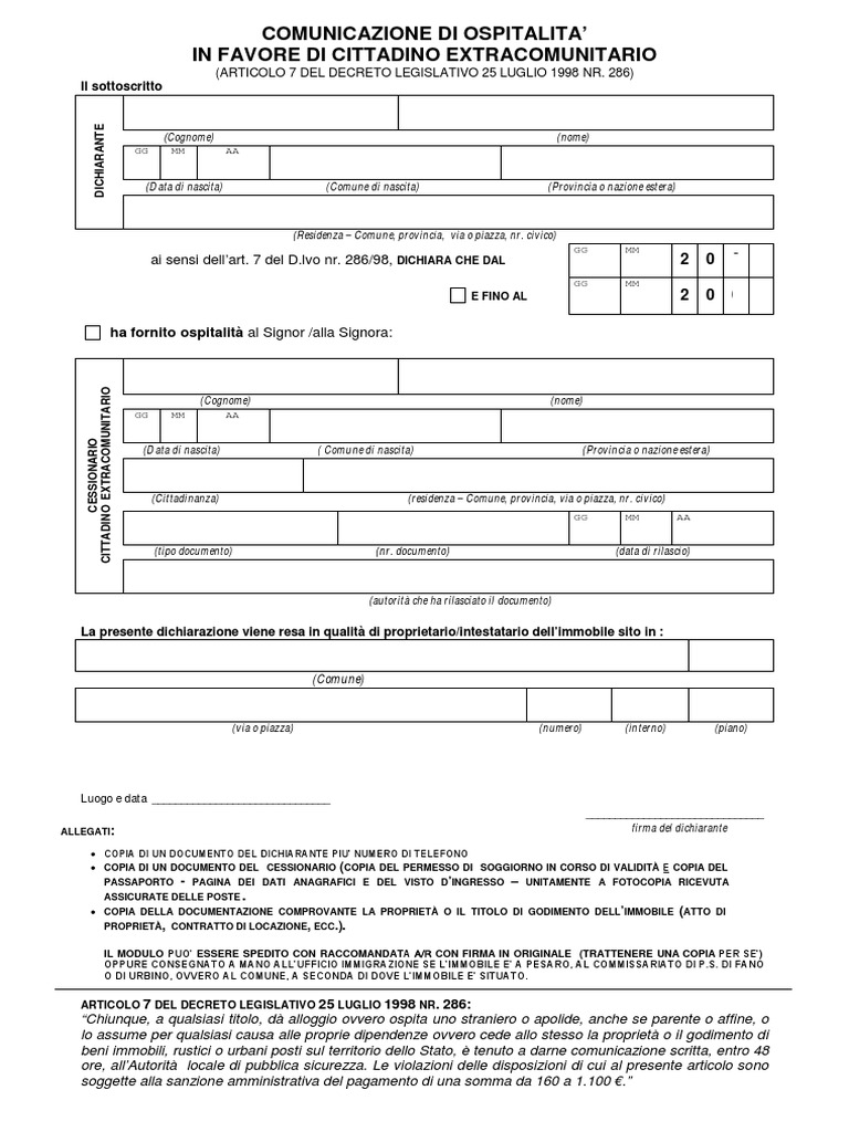 Modulo Dichiarazione Di Ospitalita | PDF, image size:768x1024
