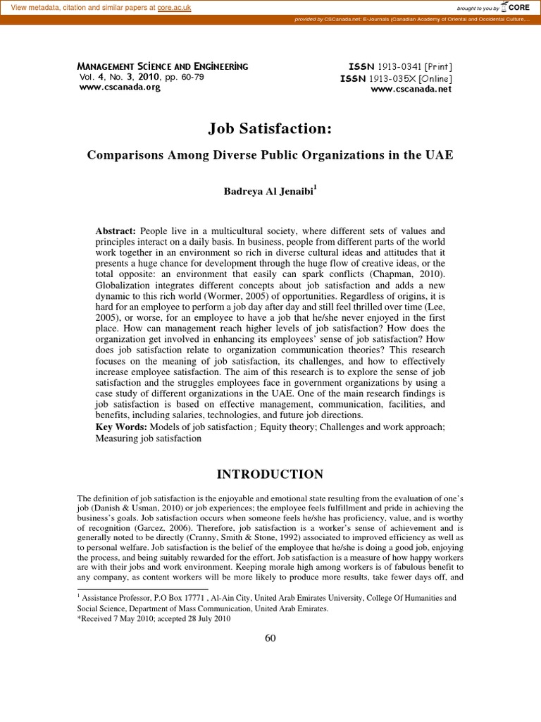 Pdf Job Satisfaction Psychological Concepts