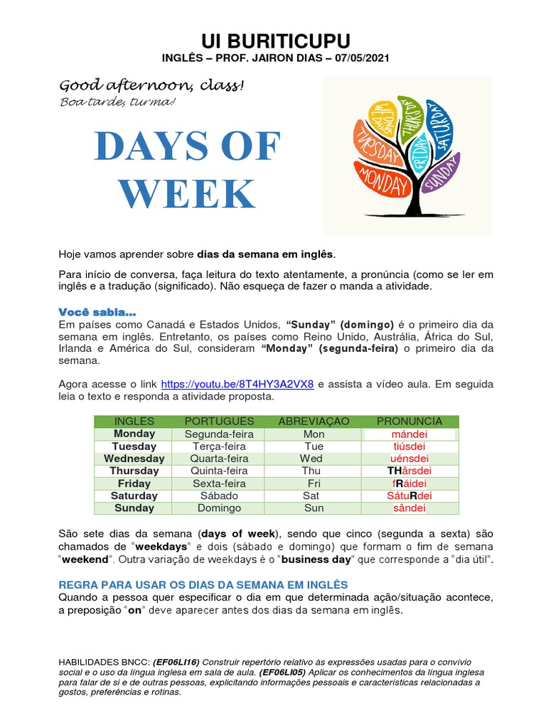 Os Dias Da Semana em Inglês, PDF, Língua inglesa