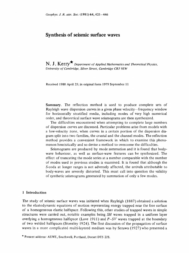 N. Kerv Synthesis Seismic Surface Waves PDF Waves Matrix