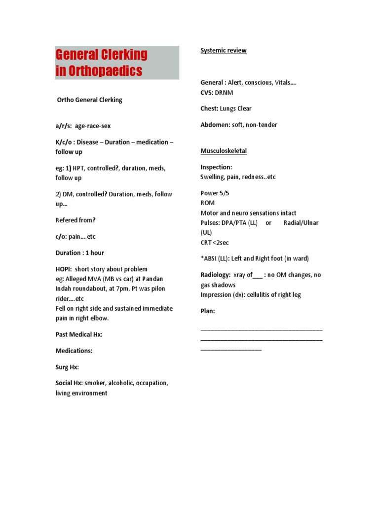 Orthopedic Clerking Template | PDF | Human Leg | Anatomical Terms Of Motion