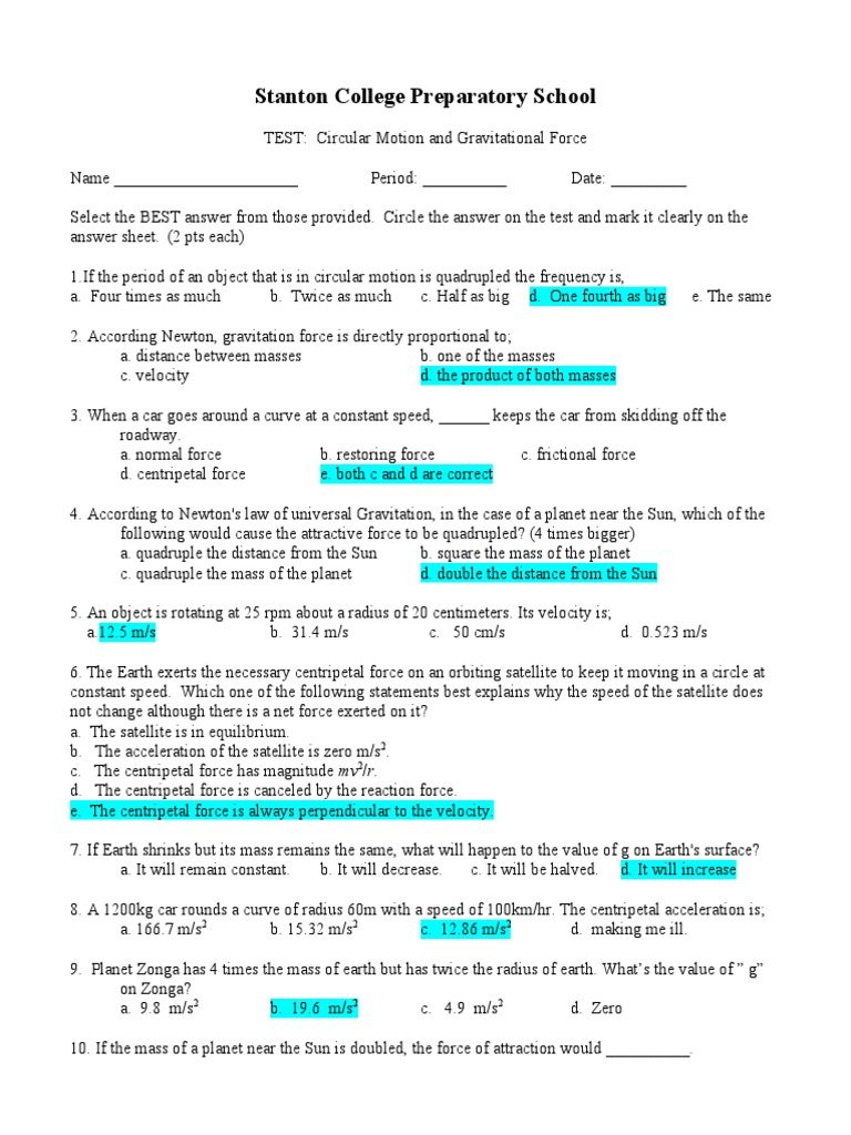 Unit Test Circular Motion Anmd Universal Gravitation 1 | PDF | Acceleration  | Force