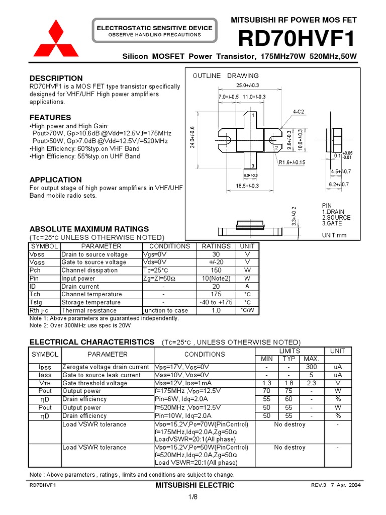 RD70HVF1: Mitsubishi RF Power Mos Fet | PDF | Field Effect Transistor ...