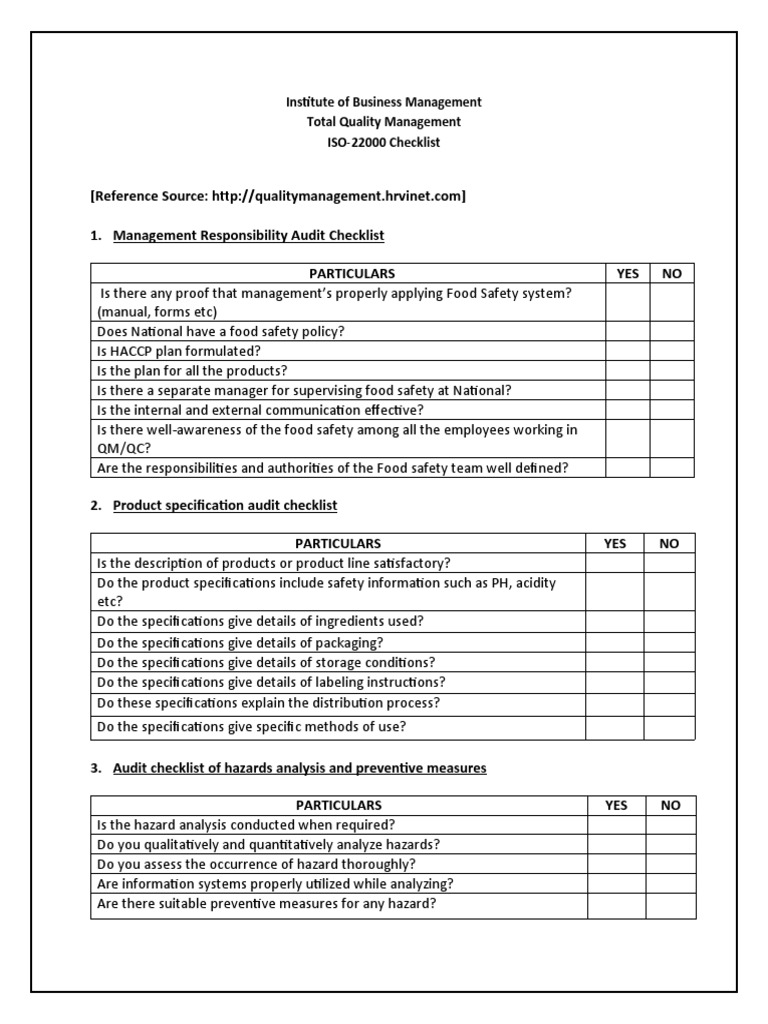 ISO 22000 Checklist Questionnaire for National Verification And