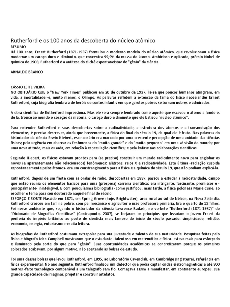 Rutherford - 100 Anos | PDF | Nêutron | Átomos