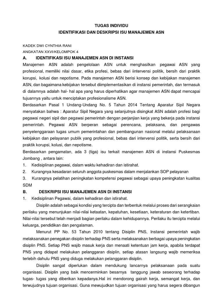 TUGAS INDIVIDU - DESKRIPSI ISU MANAJEMEN ASN - Kadek Dwi Cynthia Rani | PDF