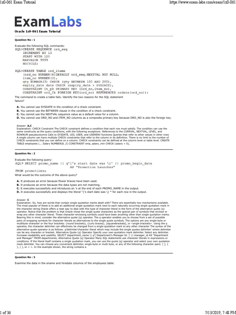 Oracle 1z0-061 Exam Questions & Answers | PDF | Computer Programming ...