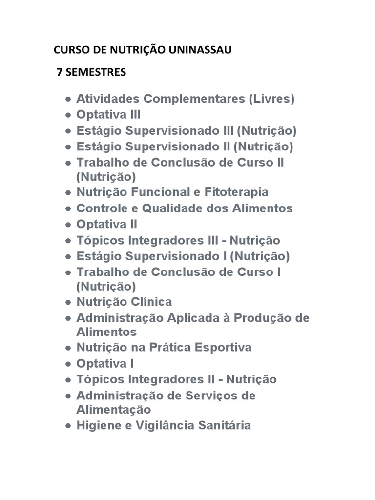 Grade Curricular do Curso de Nutrição | PDF